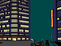 Illusion City benchmark screen showing illuminated buildings and three figures in a dark city street